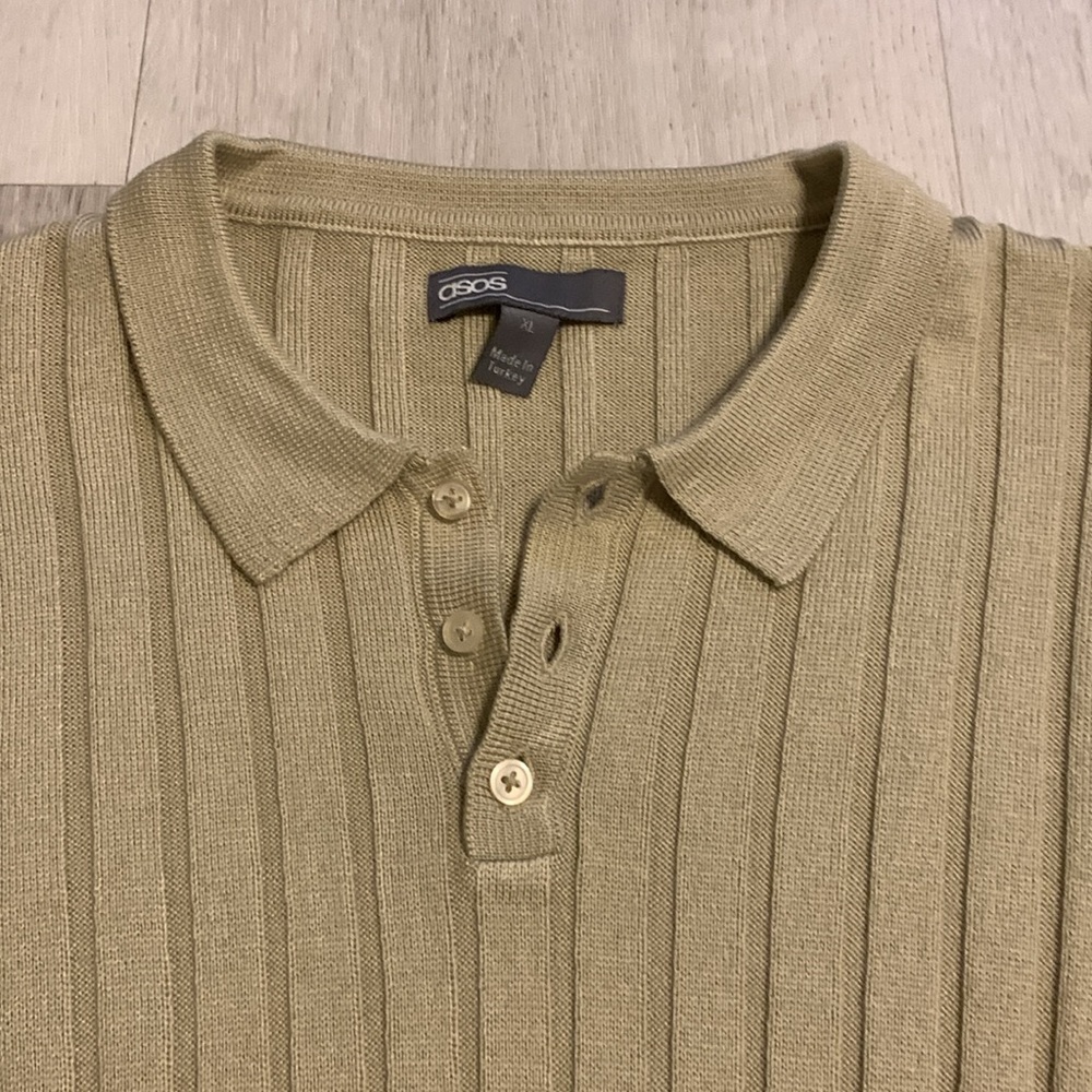 ASOS Design Men's Muscle Fit Knit Polo Ribbed Short Sleeve tan size XL fitted